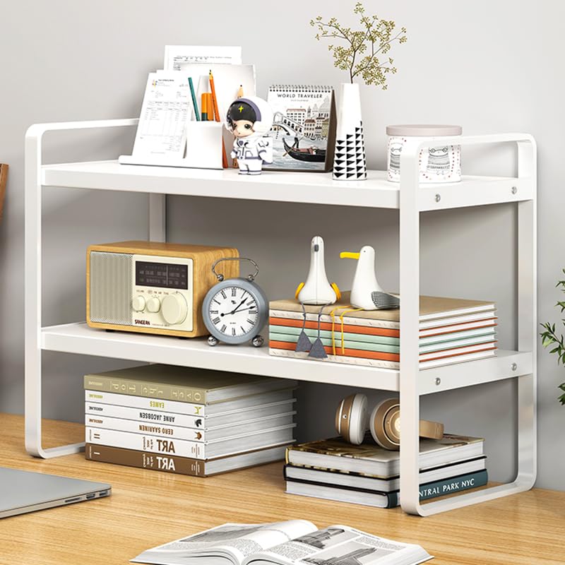 Desktop Organizer Shelf, 2 Tiers Desktop Storage Shelf, Desk Shelf Storage Rack, Metal and Wooden Desktop Countertop Bookshelf, Small Display Shelf for Office, Kitchen, Bedroom, Bathroom, Dorm (White)