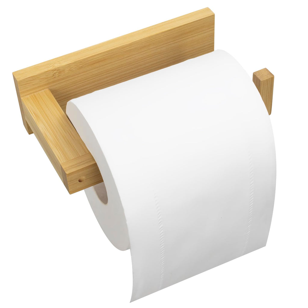 Free Drilling Bamboo Wall-Mounted Toilet Paper Holder Self-Adhesive or Screw Toilet Tissue Roll Holder for Bathroom and Kitchen