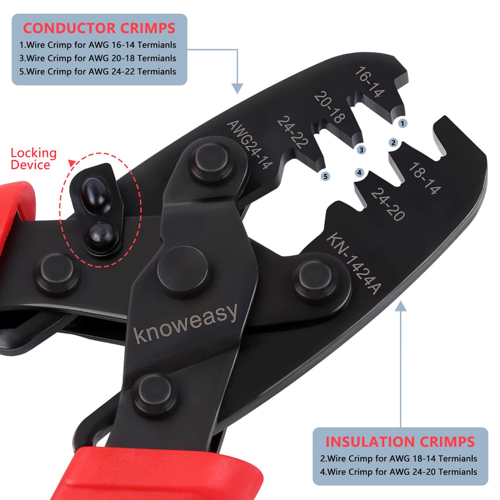 Molex Crimper,Knoweasy 1424A Weatherpack Crimper - Works for Molex, Delphi, Amp, Tyco, Harley, PC, Automotive - AWG 24-14 Wire Crimping Tool