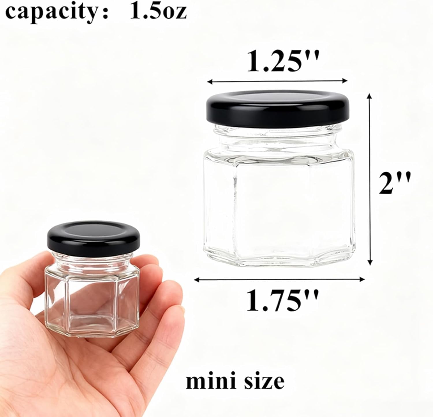 Tebery 30 Pack Mini Hexagon Glass Jars with Black Lids and Labels - 1.5oz Honey & Spice Jars for Gifts, Weddings, DIY