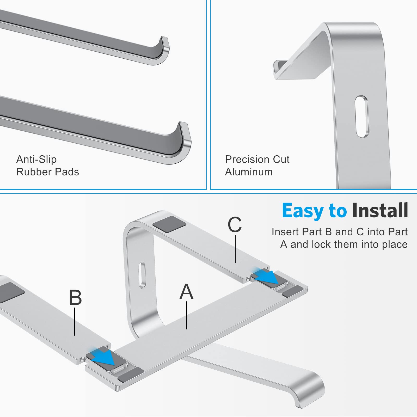 Laptop Stand, OMOTON Laptop Mount, Aluminum Laptop Holder Riser Stand for Desk, Compatible with MacBook Air/Pro, Dell, HP, Lenovo and All Laptops (10-15.6 inch),Silver