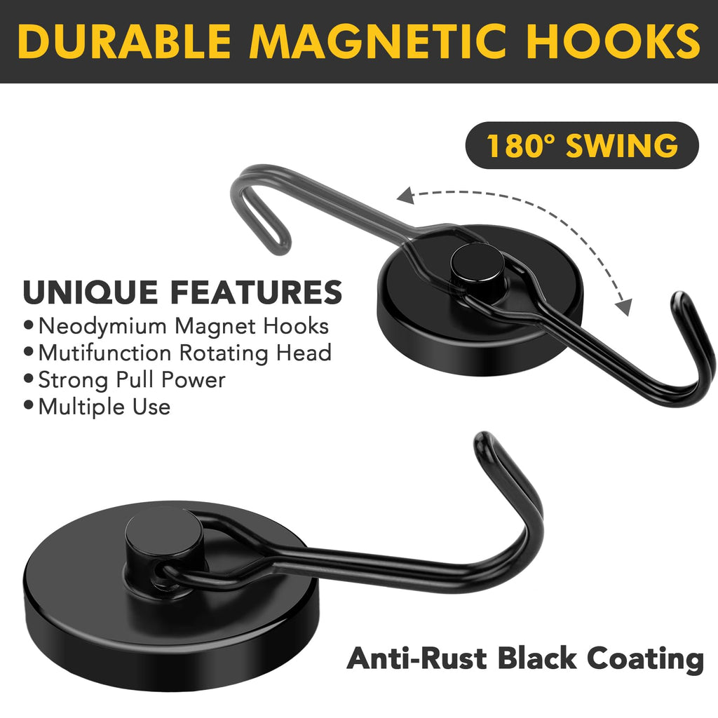 MIKEDE Magnetic Hooks, 110LB Swivel Magnetic Hooks Cruise, Black Magnet Hooks Heavy Duty for Hanging, Grill, Cruise Cabins, Refrigerator, Grill, Kitchen, Locker - Pack of 12