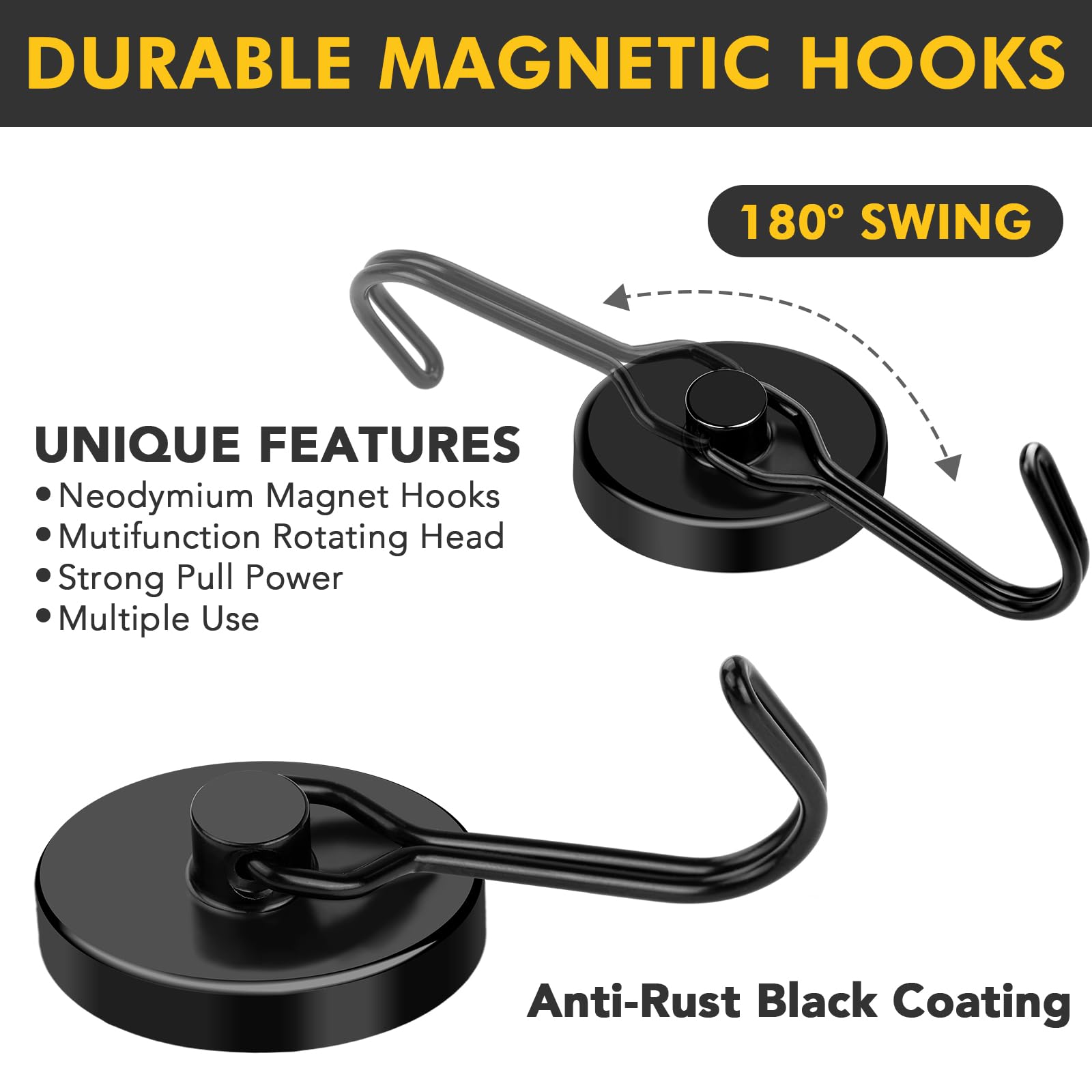 MIKEDE Magnetic Hooks, 110LB Swivel Magnetic Hooks Cruise, Black Magnet Hooks Heavy Duty for Hanging, Grill, Cruise Cabins, Refrigerator, Grill, Kitchen, Locker - Pack of 12