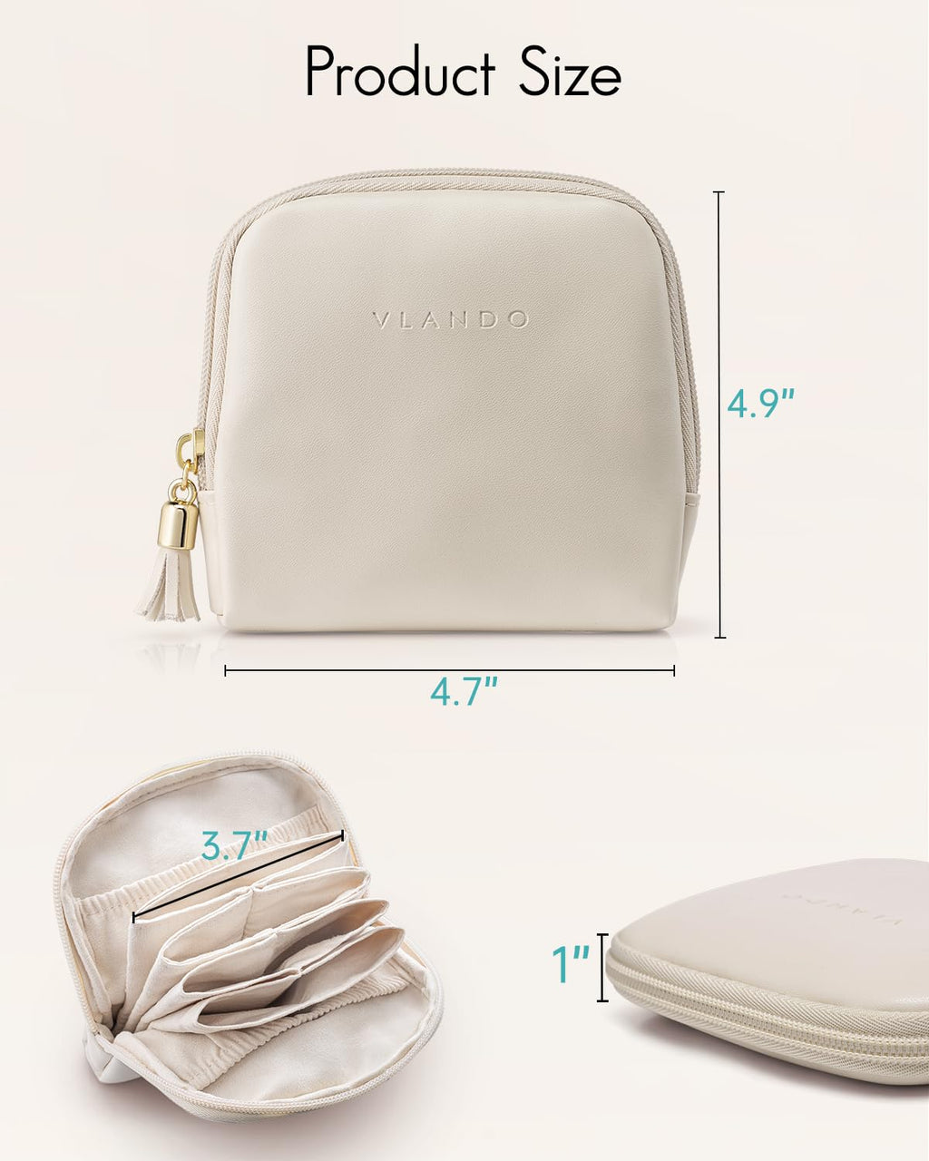 Vlando Small Travel Jewelry Case Organizer,Leather Jewelry Pouch Bags with Zipper,Portable Velvet Jewelry Organizer Bag for Earrings,Bracelets, Rings,Necklaces,Travel Essentials women,Beige