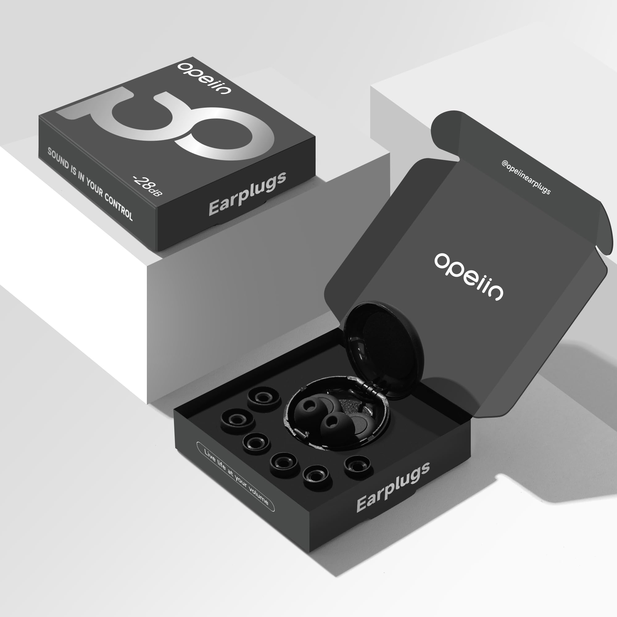OPEIIN Ear Plugs for sleep - Flexible Silicone for Superior Hearing Protection,Ultra-Soft Reusable Noise-Reducing Earplugs for Sleep, Focus, Travel | Custom Fit with 8 Tips in XS/S/M/L | 28dB (SNR) (Black)
