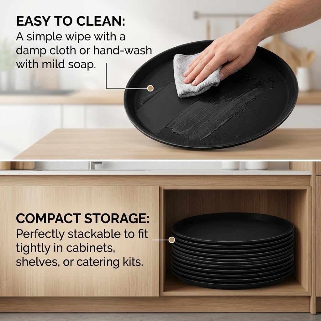 TOPZEA 3 Pack Restaurant Serving Trays, 11 Inch Fiberglass Black Round Tray Non Slip Food Service Platters Cocktail Beverage Server Tray for Restaurant, Bar, Buffet, Coffee Station, Catering Party