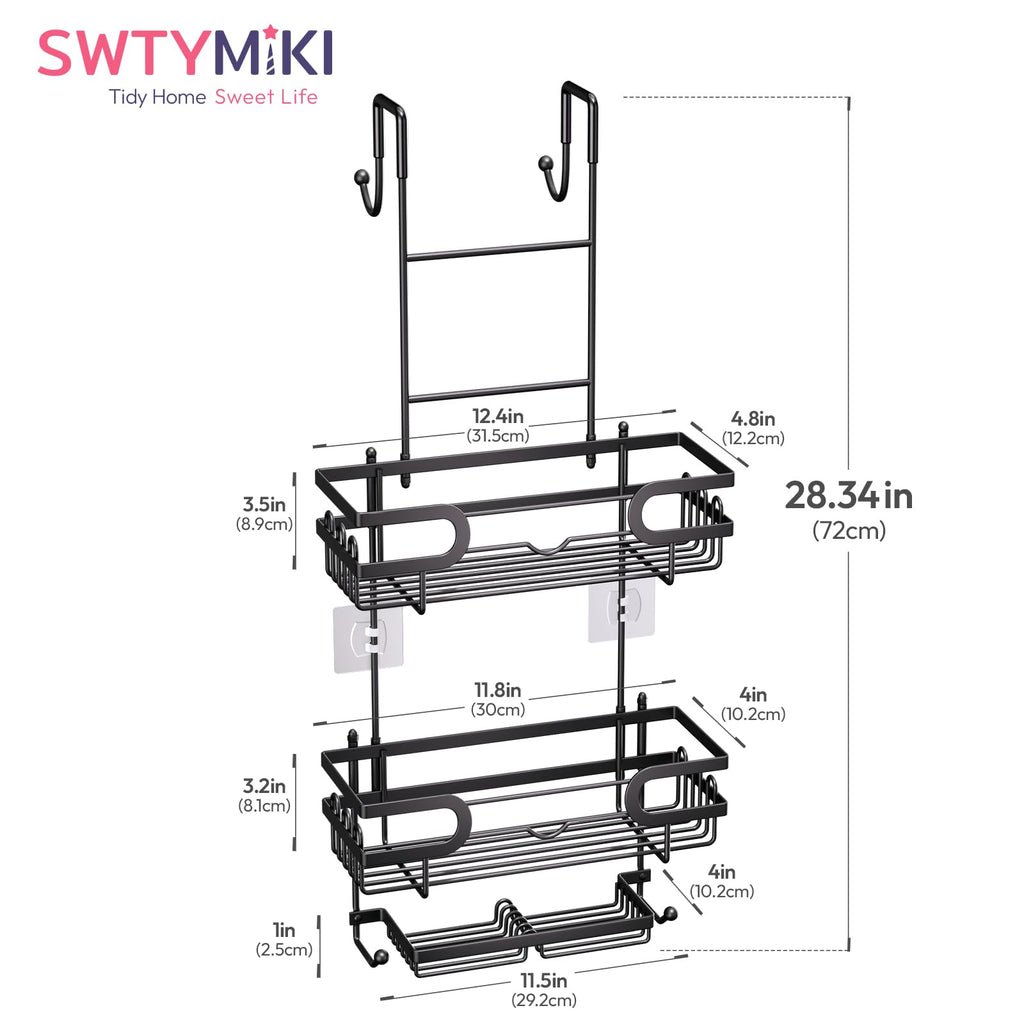 SWTYMIKI Shower Caddy Hanging Over the Door, 2 Tier Bathroom Shelf + 2 Soap Holders, Shower Shelf Organizer with 14 Hooks for Shampoo, Towels, Soap, No Drilling, Rustproof & Waterproof, Black