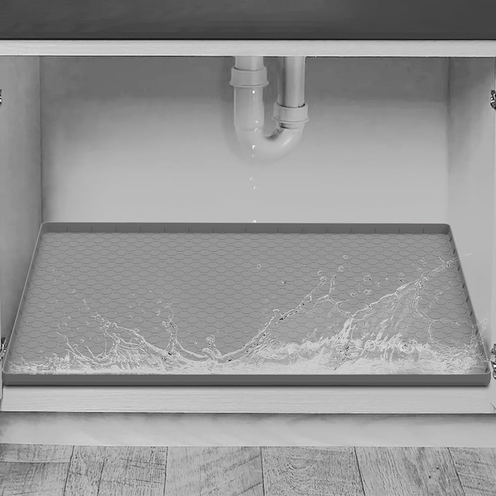 34"x22" Under Sink Mat Waterproof Silicone Protector with Raised Edges Anti-Slip Cabinet Liner for Kitchen Bathroom Leakproof Drip Tray Organize Cleaning Supplies Mat Mats Tray Liner