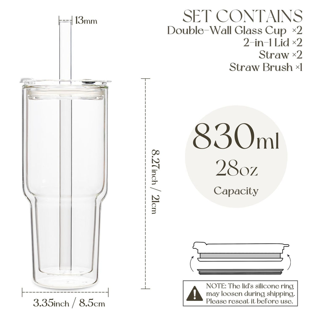 KEMORELA 28oz Clear Double Wall Glass Tumblers Set of 2, Extra-Wide 13mm Reusable Drinking Straws, Boba Tumbler, Wide-Mouth Water Cups for Iced Coffee, Smoothies, Boba & Tea Lovers
