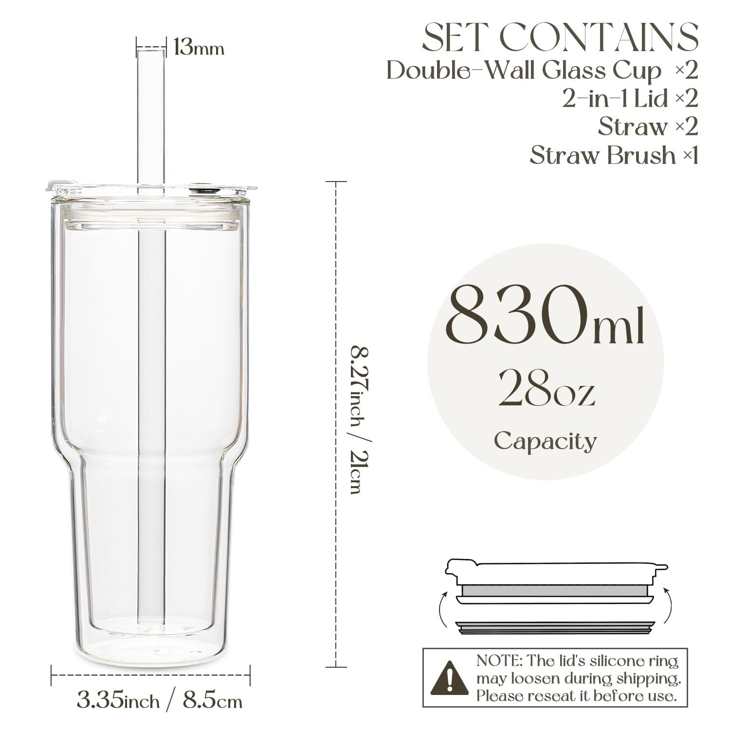 KEMORELA 28oz Clear Double Wall Glass Tumblers Set of 2, Extra-Wide 13mm Reusable Drinking Straws, Boba Tumbler, Wide-Mouth Water Cups for Iced Coffee, Smoothies, Boba & Tea Lovers