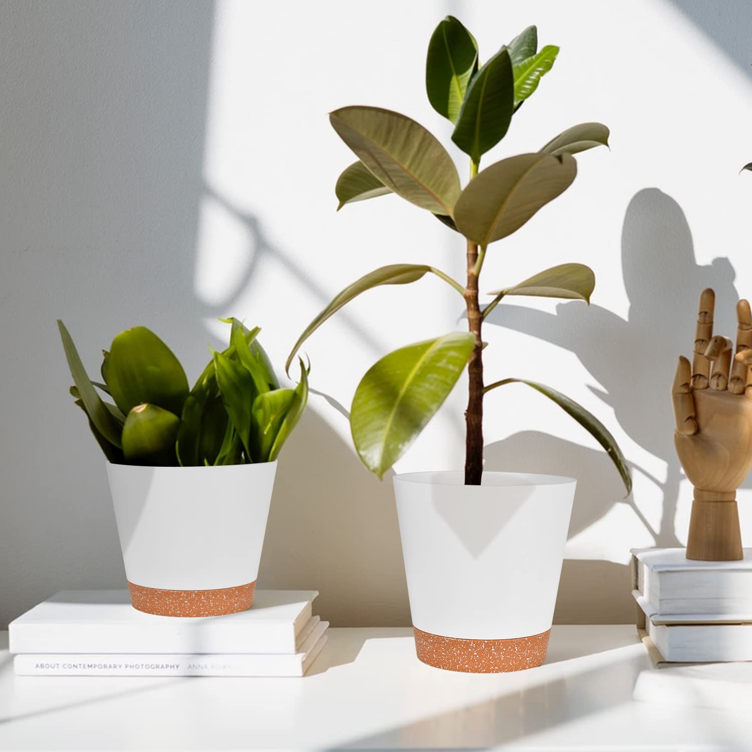 Plant Pots 5 Pack 7+6.5+6+5.5+5 Inch, Self Watering Planters with Drainage Hole, Plastic Plant Pots Indoor Decorative Modern Planting for Various Plants, Planters for Indoor Plants