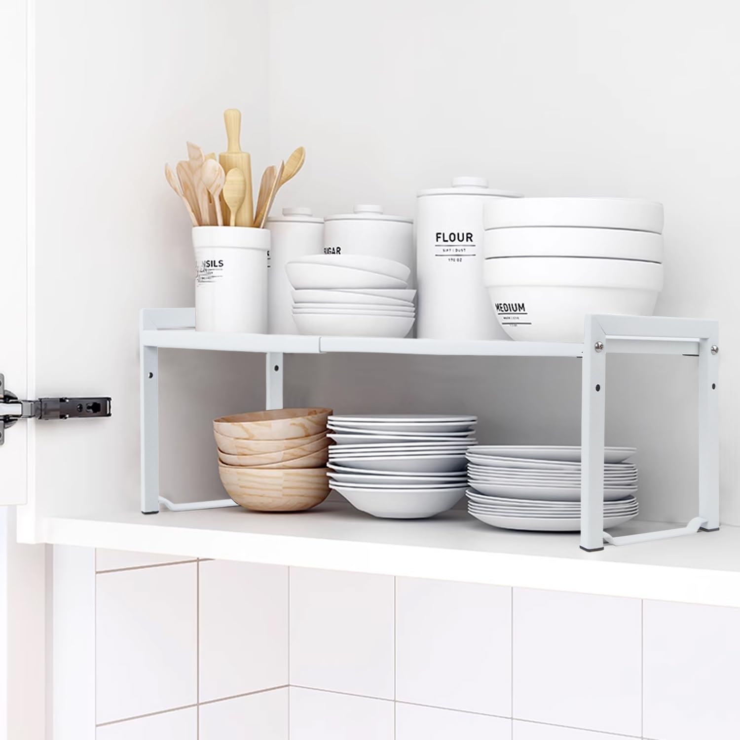 Expandable Cabinet Shelf13.8-26"(L), Stackable Kitchen Counter Shelf Organizer, Kitchen Spice Rack Pantry Shelf, Djustable Cupboard Organizer Storage Rack for Kitchen Office (White,1 pack M)