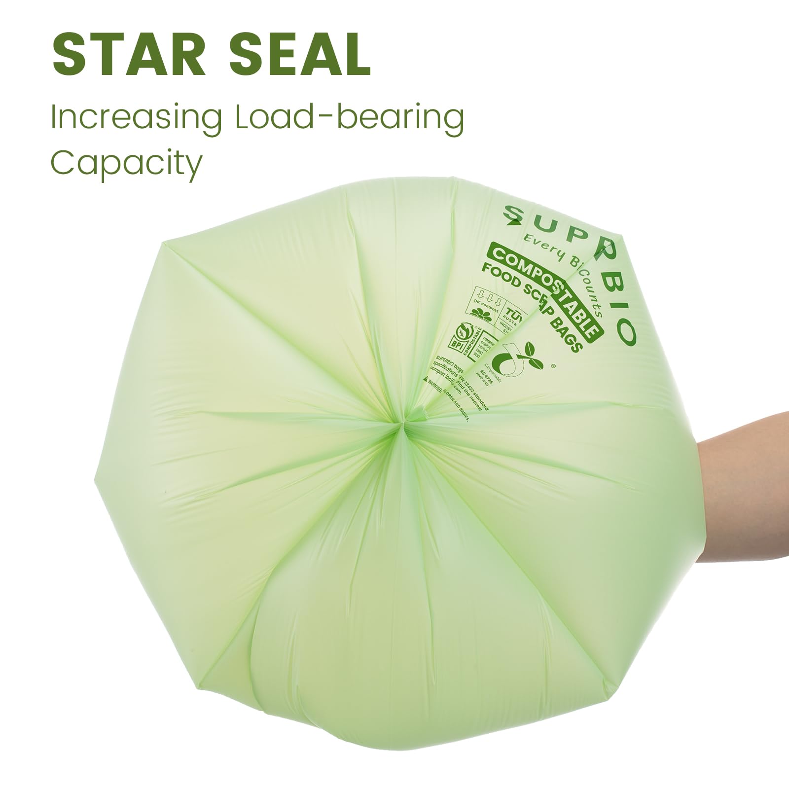 SUPERBIO Compostable Food Scrap Bags,49.2L. Certified by BPI (commercially compostable only), Seedling,OK compost HOME and OK compost INDUSTRIAL, 30 Count