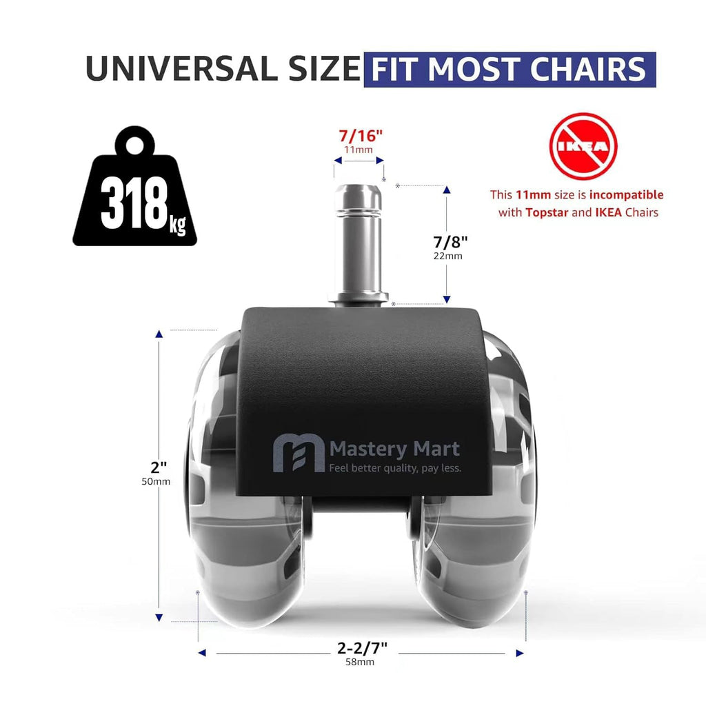Office Chair Wheels, Universal 11x22mm Fit 2 Inch Caster Wheels Set of 5 for Hardwood Floors & Carpet, Smooth & Quiet Roulette Chaise Bureau Heavy Duty Roller Blade Style, Easy Install-Grey