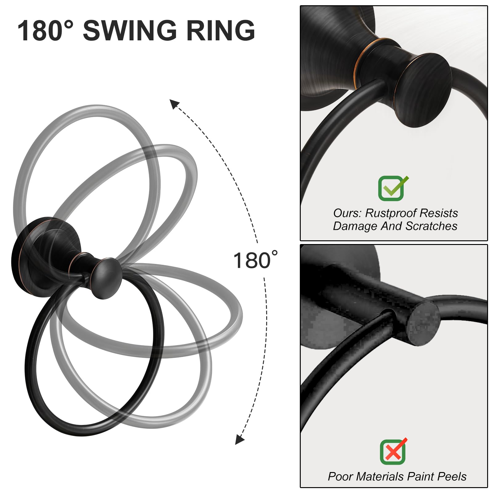 BESy Oil Rubbed Bronze Bathroom Hand Towel Ring Towel Holder, Rustproof Wall Mounted Bathroom Hardware Accessory SUS 304 Stainless Steel Towel Rack