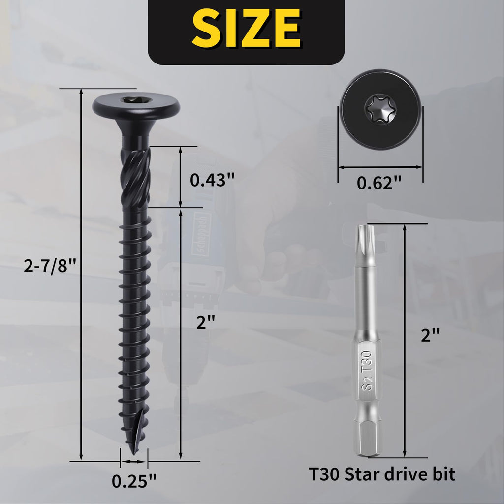 55PCS Structural Wood Screws #14 x 2-7/8 Inch, FIXLINK Deck Screws Heavy Duty Exterior Construction Screw Large Head T30 Star Drive Excellent Rust Resistant for Timber/Framing/Landscaping, Black