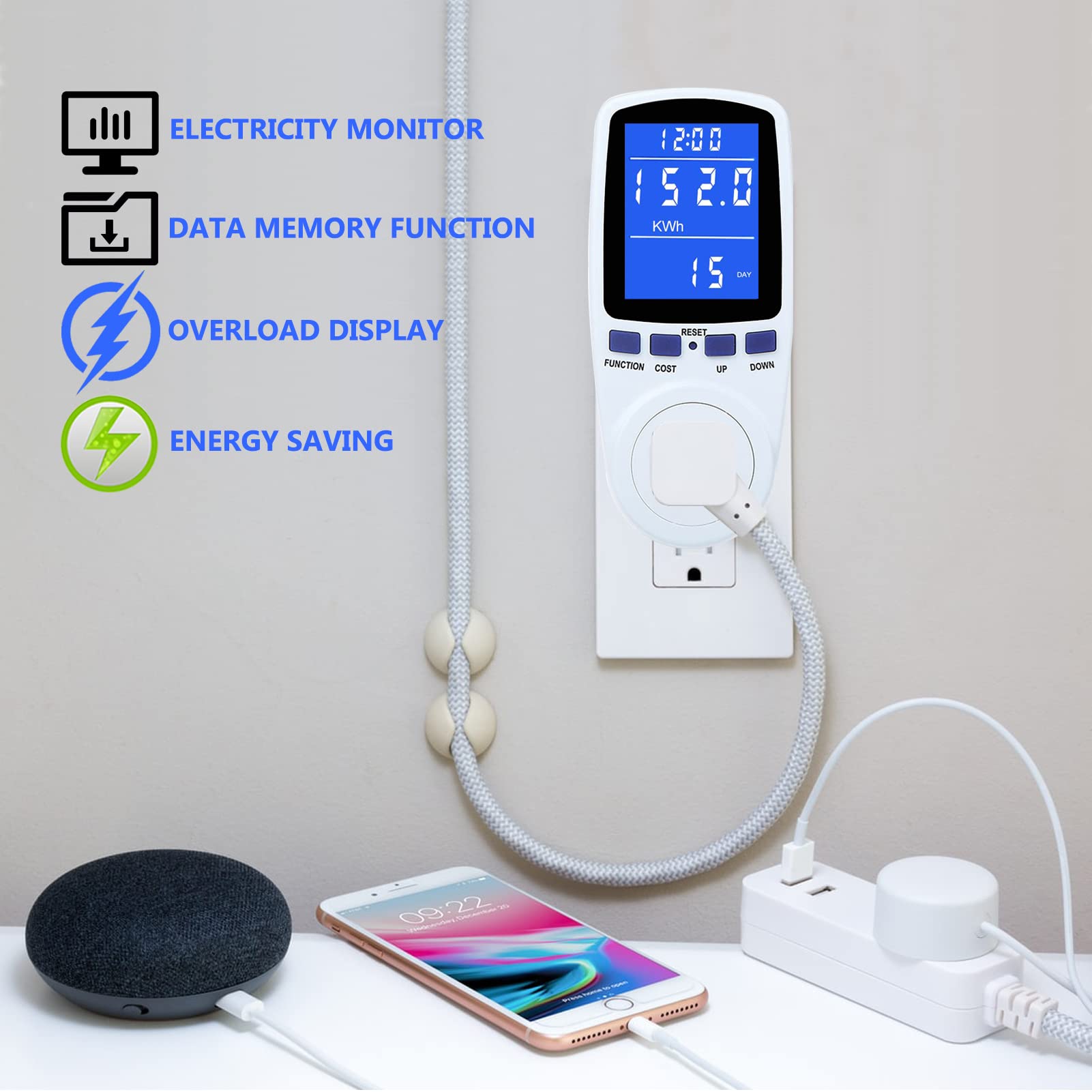 Upgraded Watt Meter Power Meter Plug Home Electricity Usage Monitor, Electrical Usage Monitor Consumption, Energy Voltage Amps Kill Meter with Backlight, Overload Protection, 7 Modes Display