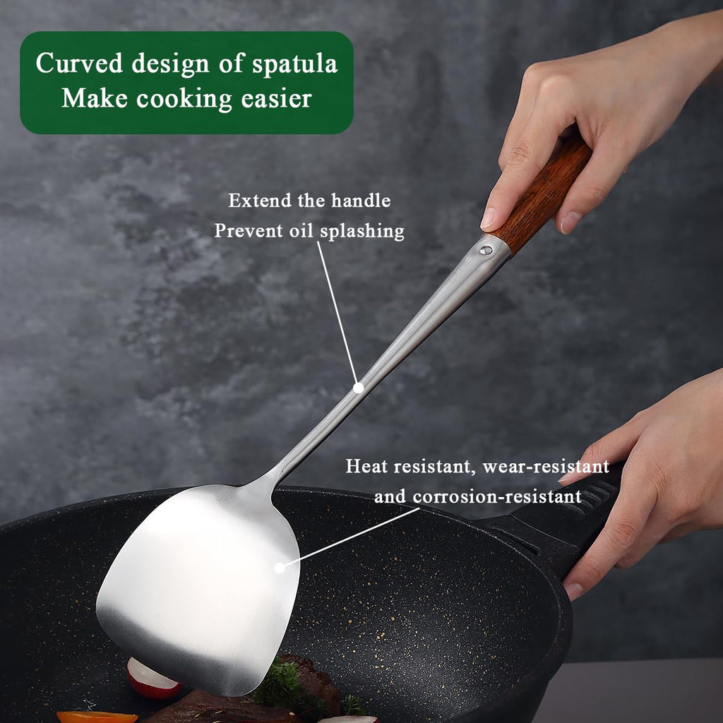 Evanda Wok Spatula Set 43cm, Heat Resistant Wood Handle Stainless Steel Wok Tools, Ladle, Metal Spatula, Kitchen Skimmer, Professional Kitchen Cooking Utensils Set, Wok Accessories Dishwasher Safe