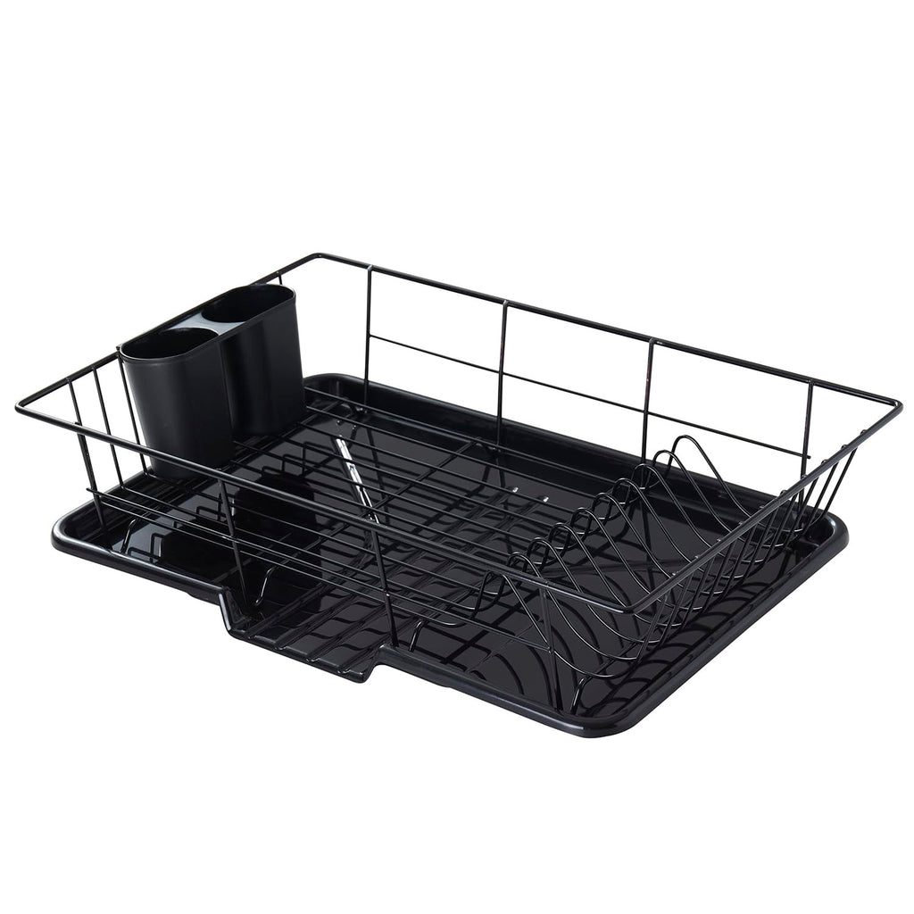 Sweet Home Collection Space-Saving 3-Piece Dish Drainer Rack Set: Efficient Kitchen Organizer for Quick Drying and Storage - Includes Cutlery Holder and Drainboard - Maximize Countertop Space, Black