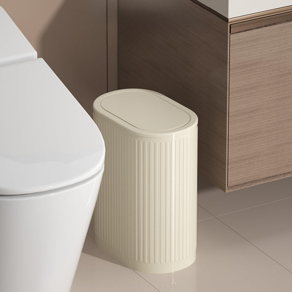 6 Liter Trash Can with Lid, Small Bathroom Trash Can Wastebasket, Slim Garbage Can with Inner Bucket, Press Top Lid Garbage Container Bin for Kitchen, Home, Office, Bedroom, Living Room (Cream Color)