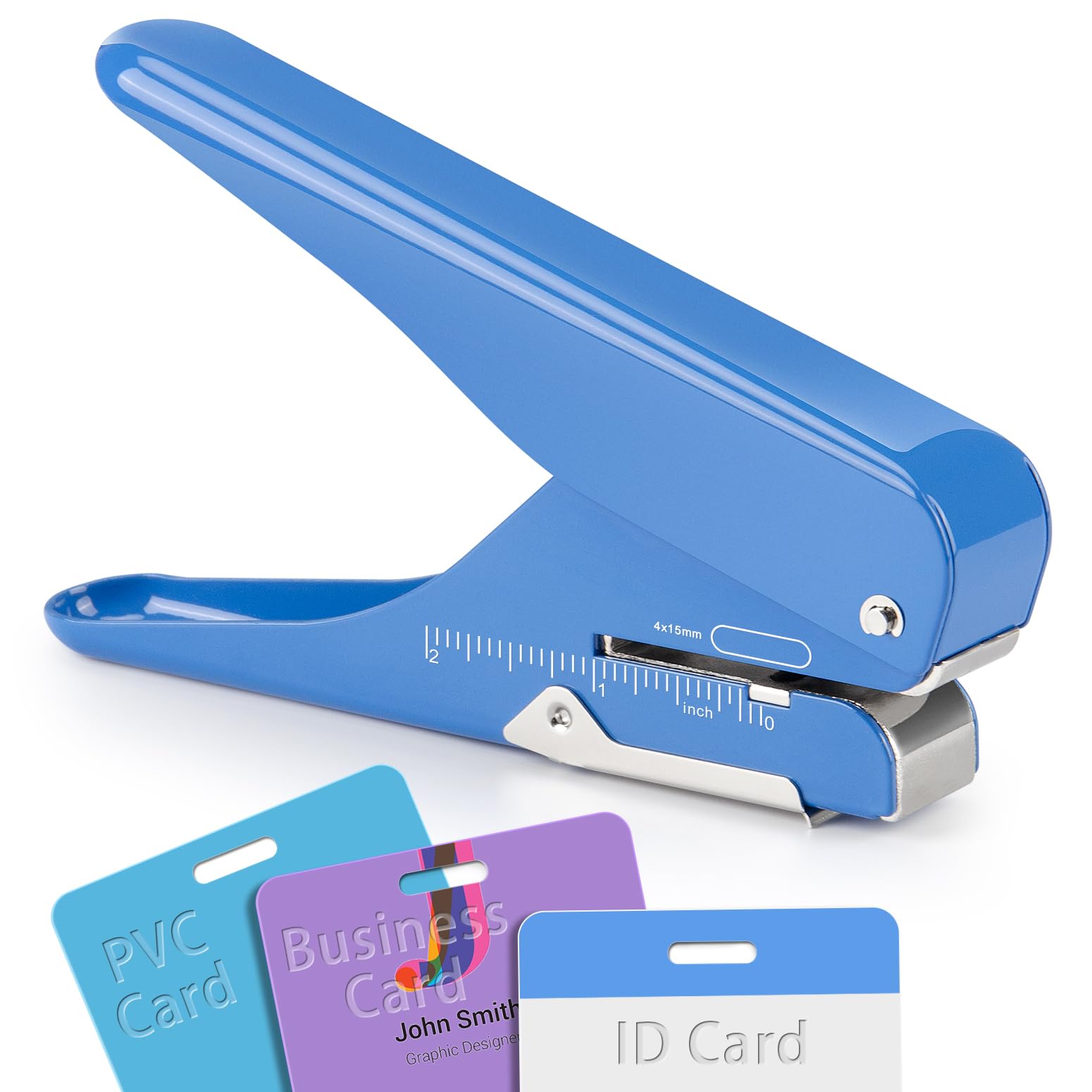 IMLIKE Handheld Badge Slot Hole Punch: Metal Card Punch with Garbage Collector, 19/32" x 5/32" Hole, Blue, Modern Style