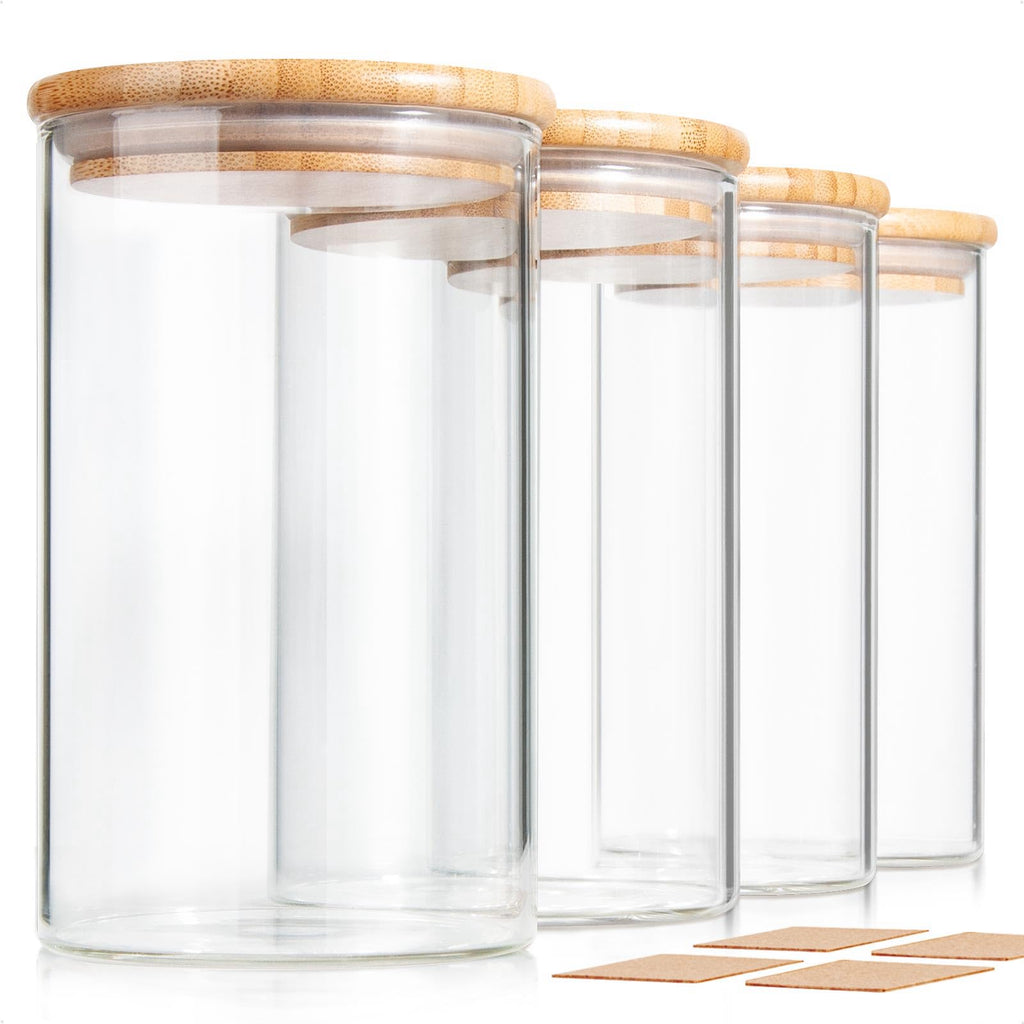 COCOYA 950ml/32oz Glass Jars with Airtight Bamboo Lid, 4-Pack Thick Pantry Storage Canisters, Kitchen Clear Containers Set for Spice Snack Salad Oats Dry Foods Nut Bean Sugar Coffee Tea Candy Cookie