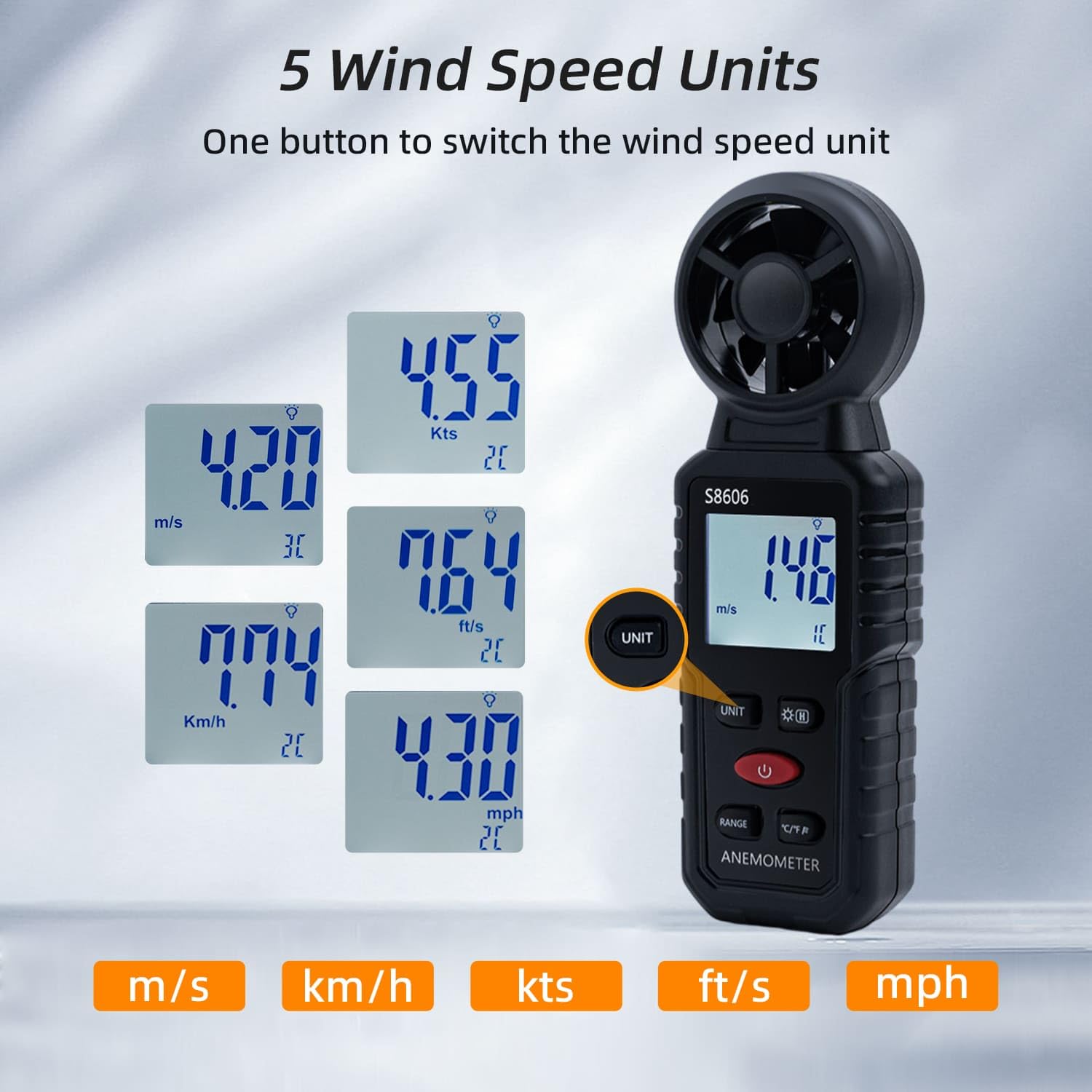 Mcbazel Anemometer, LCD Display, High Accuracy, °C and °F Display, Easy Operation, MAX/MIN/AVG Function, Anemometer Measures 1-12, Japanese Instruction Manual Included - Black