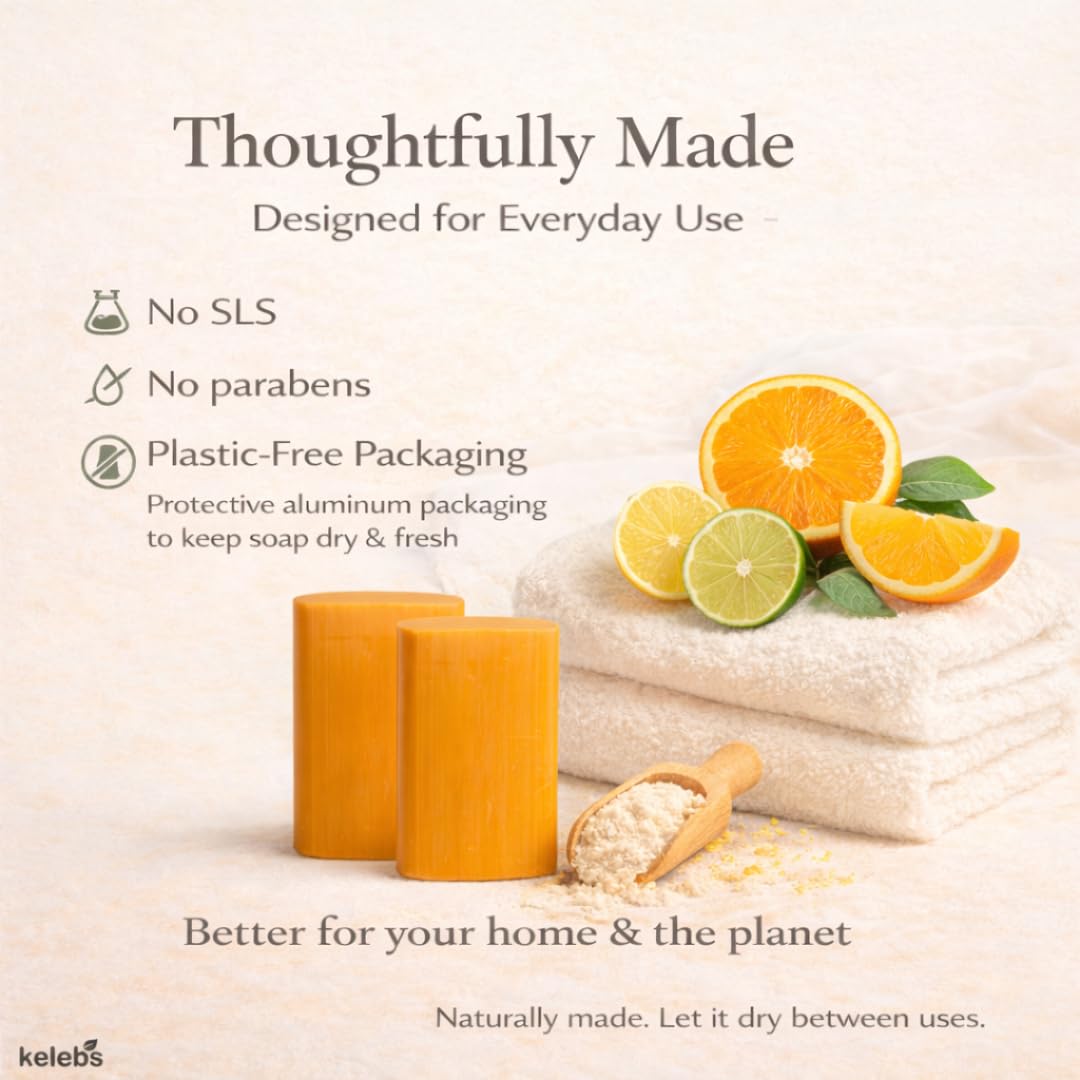 KELEBS Laundry Soap Bar - Natural Citrus Formula with Organic Ingredients - Stain Remover for Delicate Clothes, Underwear, Collar - 2 Bars | Aluminum Packaging