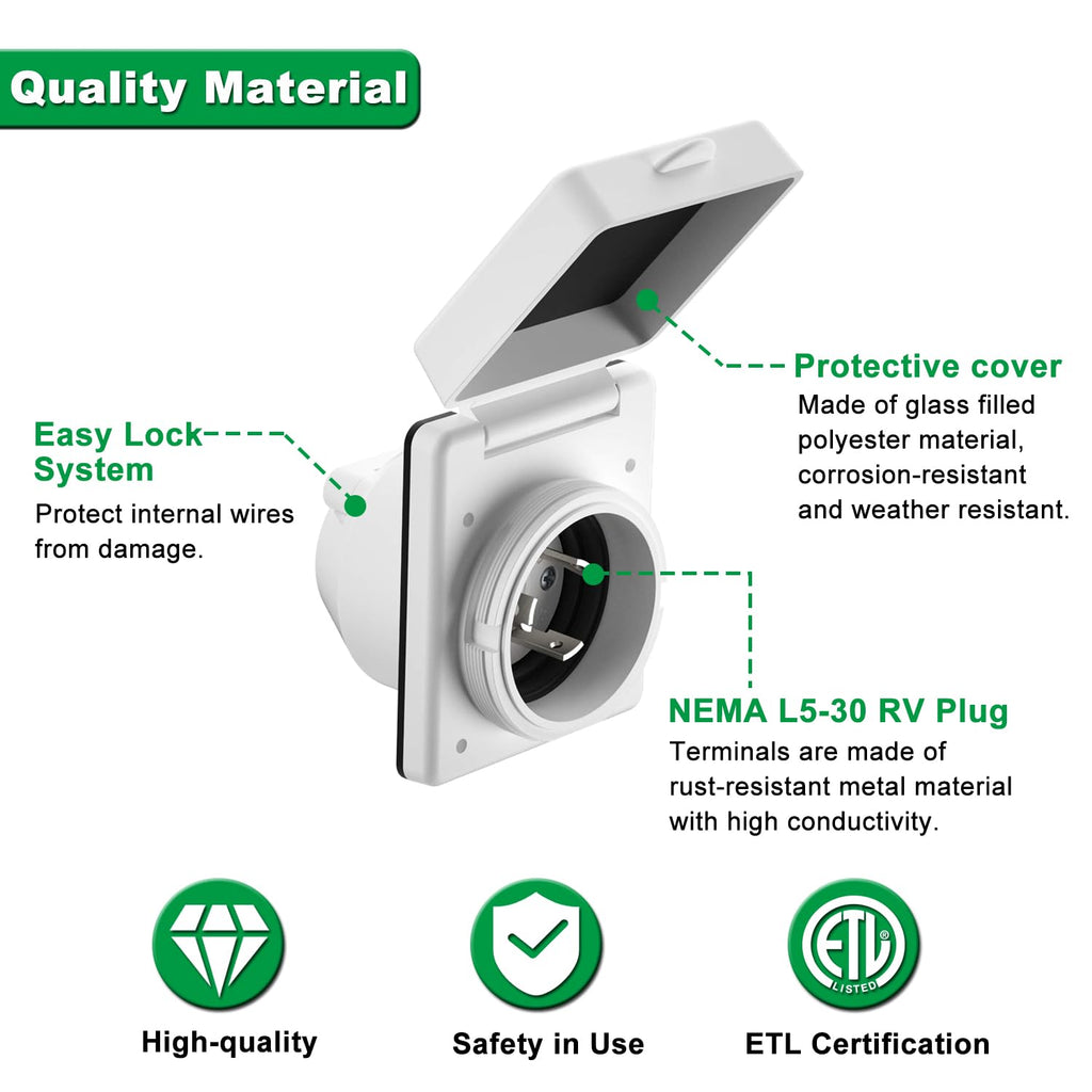 Ambuker 30 Amp RV Power Inlet 125V NEMA L5-30R Female Twist Lock Receptacle Connector with 3 Stainless Steel Pins and Waterproof Cover Shore Power Inlet Box for Generators RV Campers Yachts Sheds