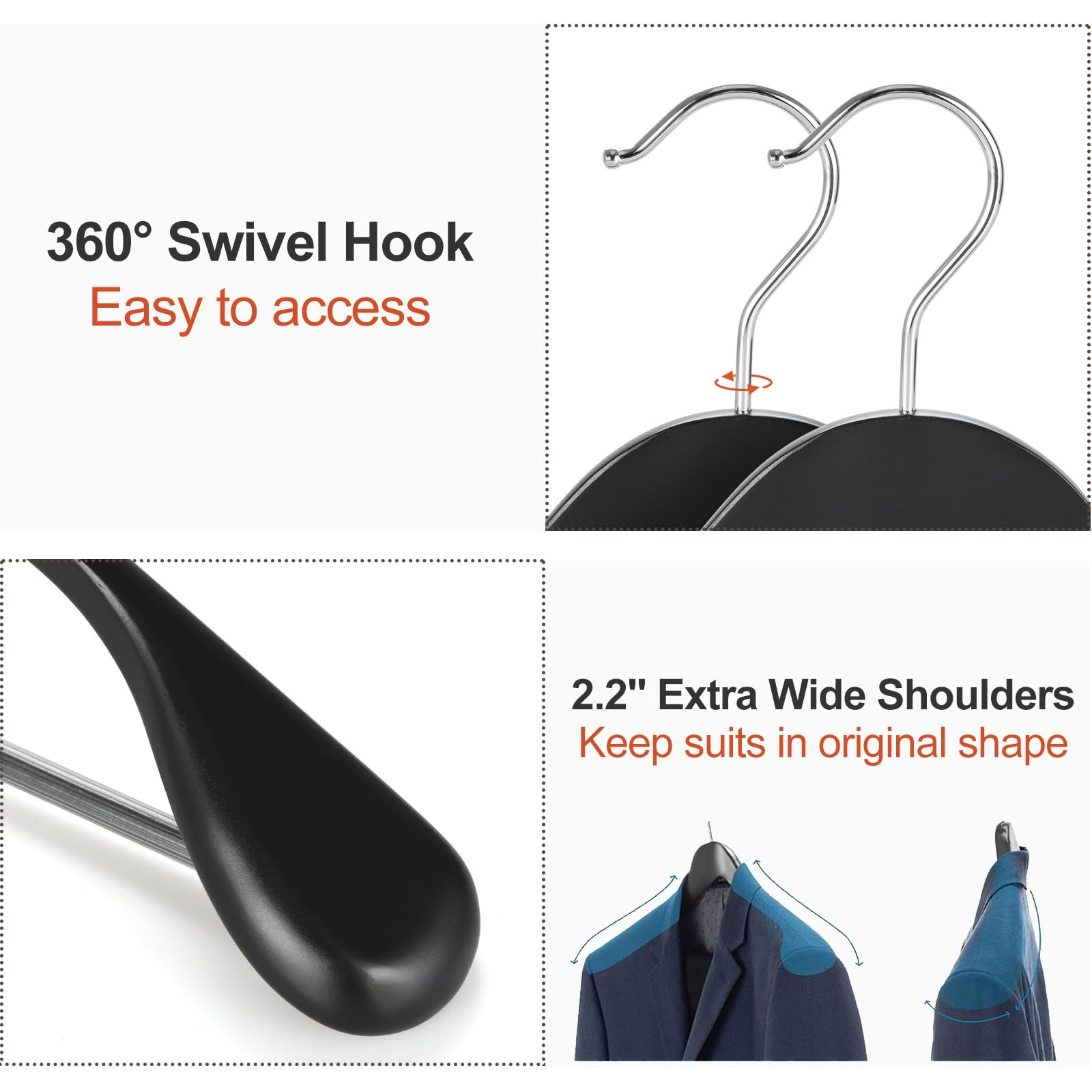TOPIA HANGER Wide Shoulder Wooden Hangers, Suit Hangers with Non Slip Pants Bar & 360° Swivel Hook, Solid Wood Heavy Duty Coat Hanger, 6 Pack (Matte Black)-CT02B