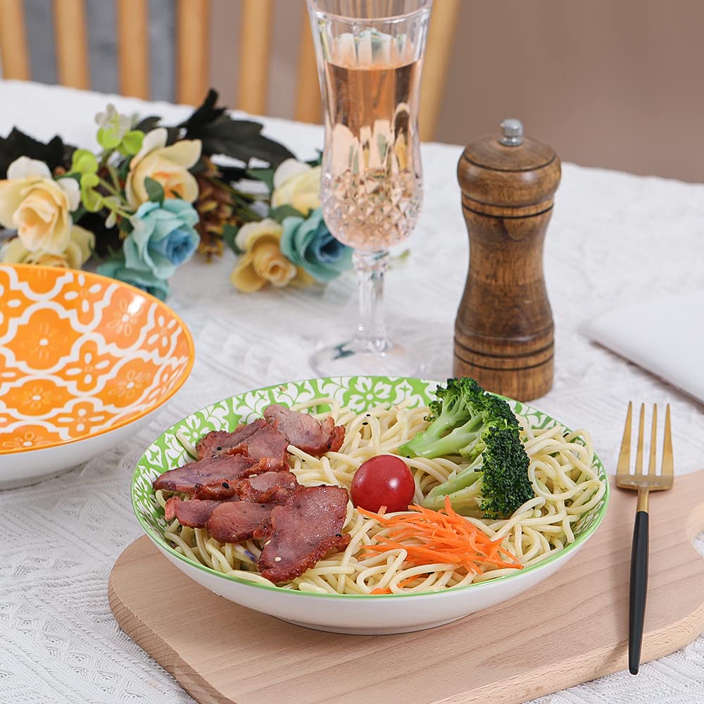 Pasta Bowls Set of 6 – 23 oz Shallow Ceramic Pasta Bowls, Perfect for Pasta, Salad, Soup & More – Microwave, Dishwasher & Oven Safe Colorful Pasta Bowl
