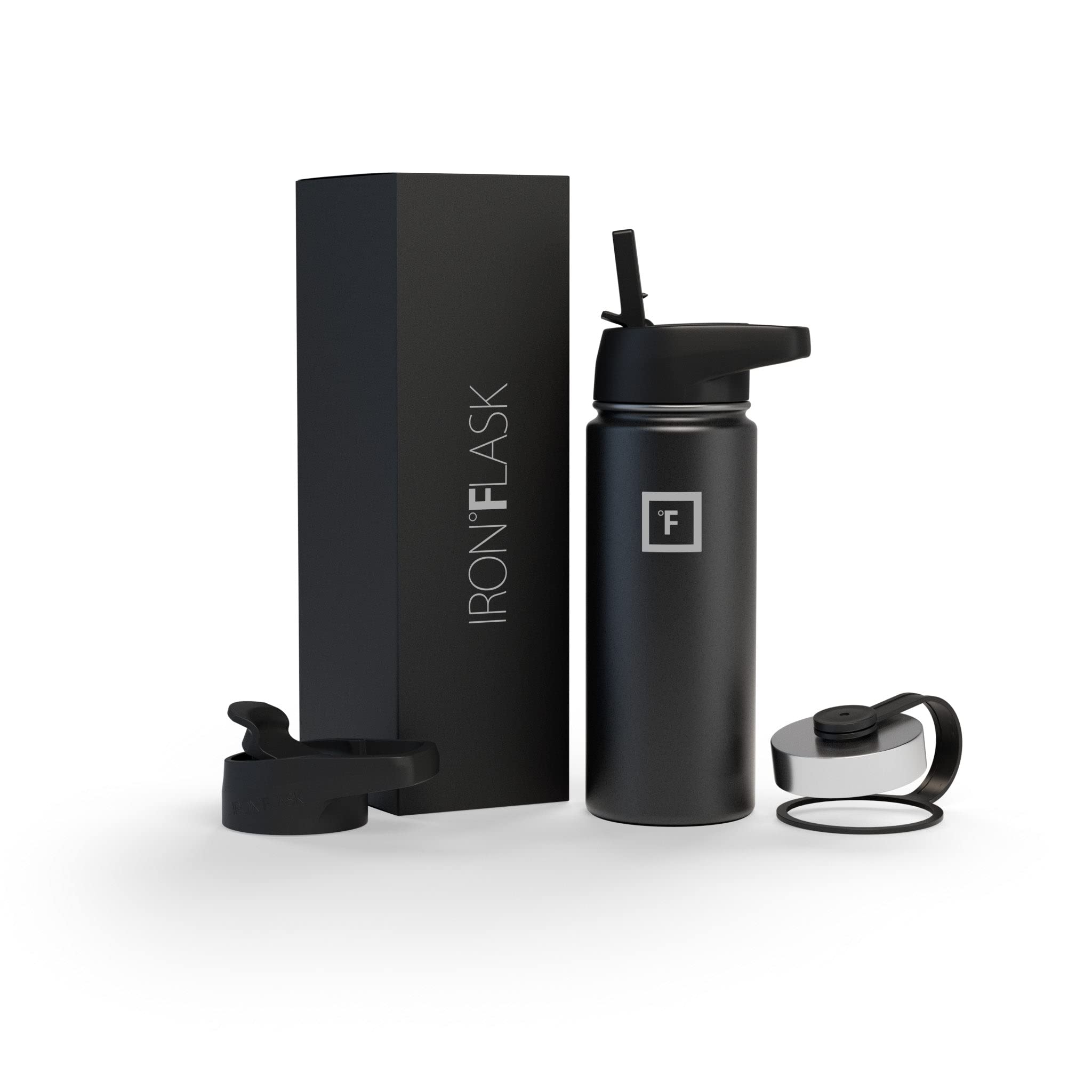 IRON °FLASK Camping & Hiking Hydration Flask, Wide Mouth, 3 Straw Lids, Stainless Steel Outdoor Water Bottle, Double Walled, Insulated Metal Canteen - Midnight Black, 18 Oz
