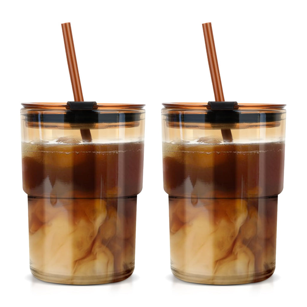 Luxfuel 13oz/400ml Glass Tumbler with Straw and Lid, 2 Pack Glass Cup, Sealed Carry on Travel Coffee Cup for Coffee, Iced Tea, Water