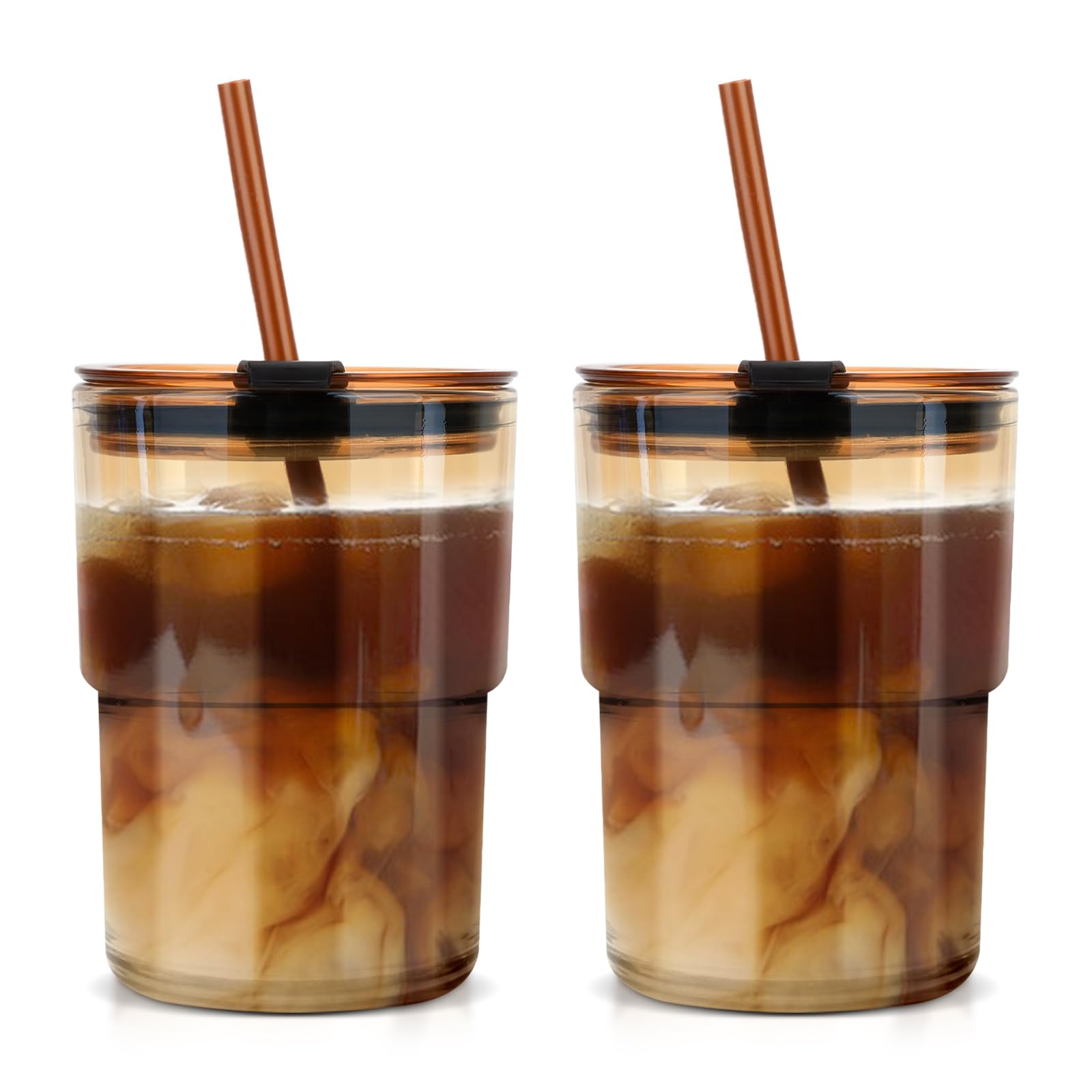 Luxfuel 13oz/400ml Glass Tumbler with Straw and Lid, 2 Pack Glass Cup, Sealed Carry on Travel Coffee Cup for Coffee, Iced Tea, Water
