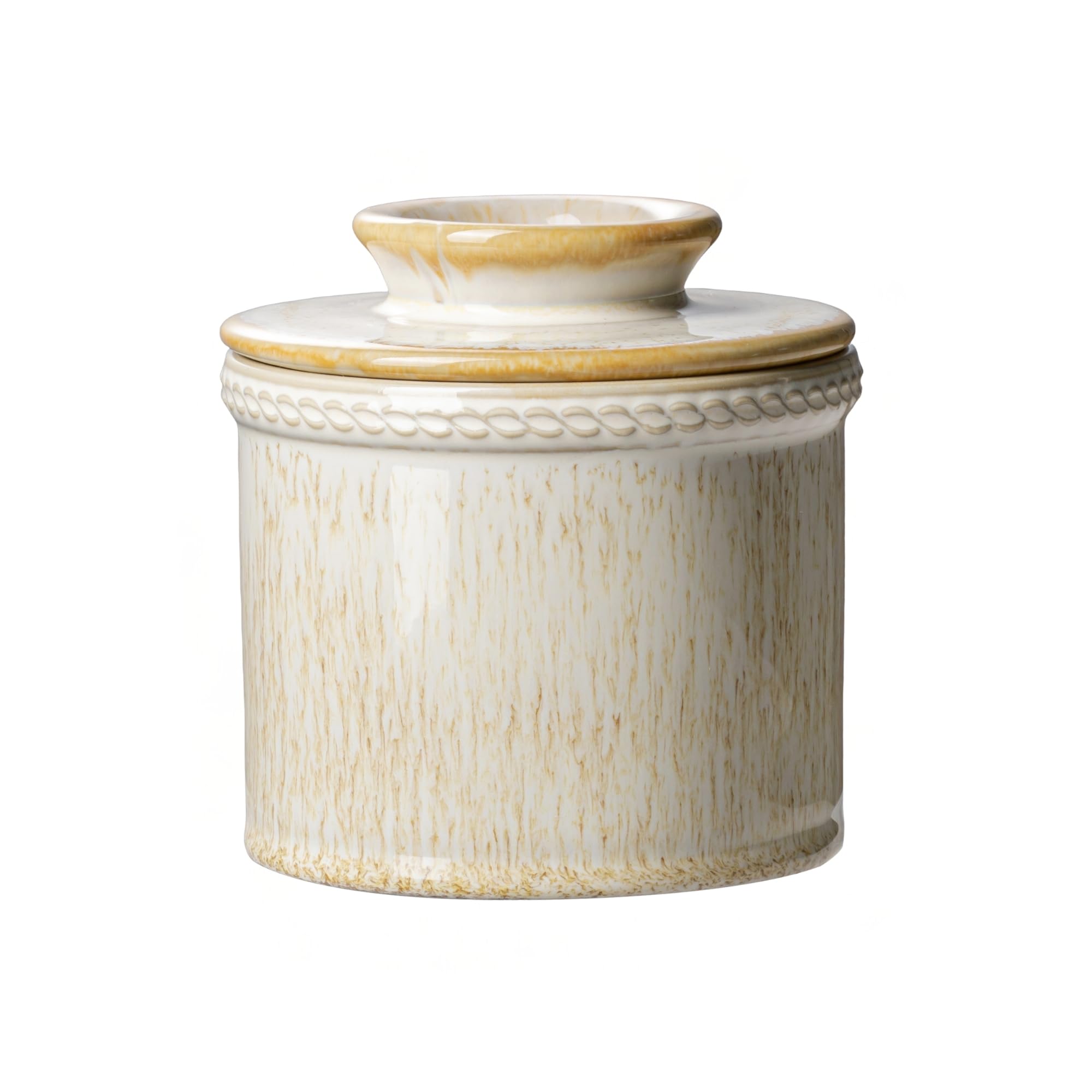 Jersinwei Butter Crock with Lid, Ceramic Butter Crock for Spreadable Soft Butter, Vintage Chain-Rim Design, French Butter Keeper for Home Decor Christmas Housewarming Gift, Cream Vein White