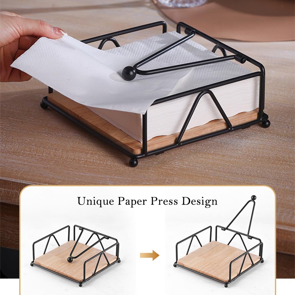 Napkin Holders for Tables, Elegant Flat Cocktail Napkin Holder with Wooden Base, Metal Tabletop Serviette Tray for Kitchen, Countertops, Outdoor Tables (Black)