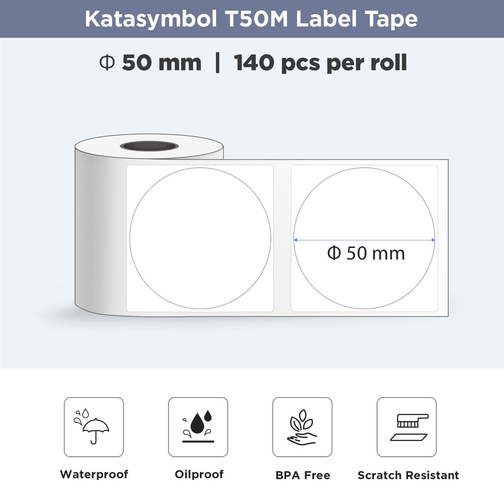 SUPVAN T50M Series Label Maker Tape, 2 Rolls Round Size Φ 50mm 140 Labels/Roll Genuine Laminated Thermal Label Tape Refill, Waterproof Oilproof Highly Adhesive Auto Detect Labels, Black on White