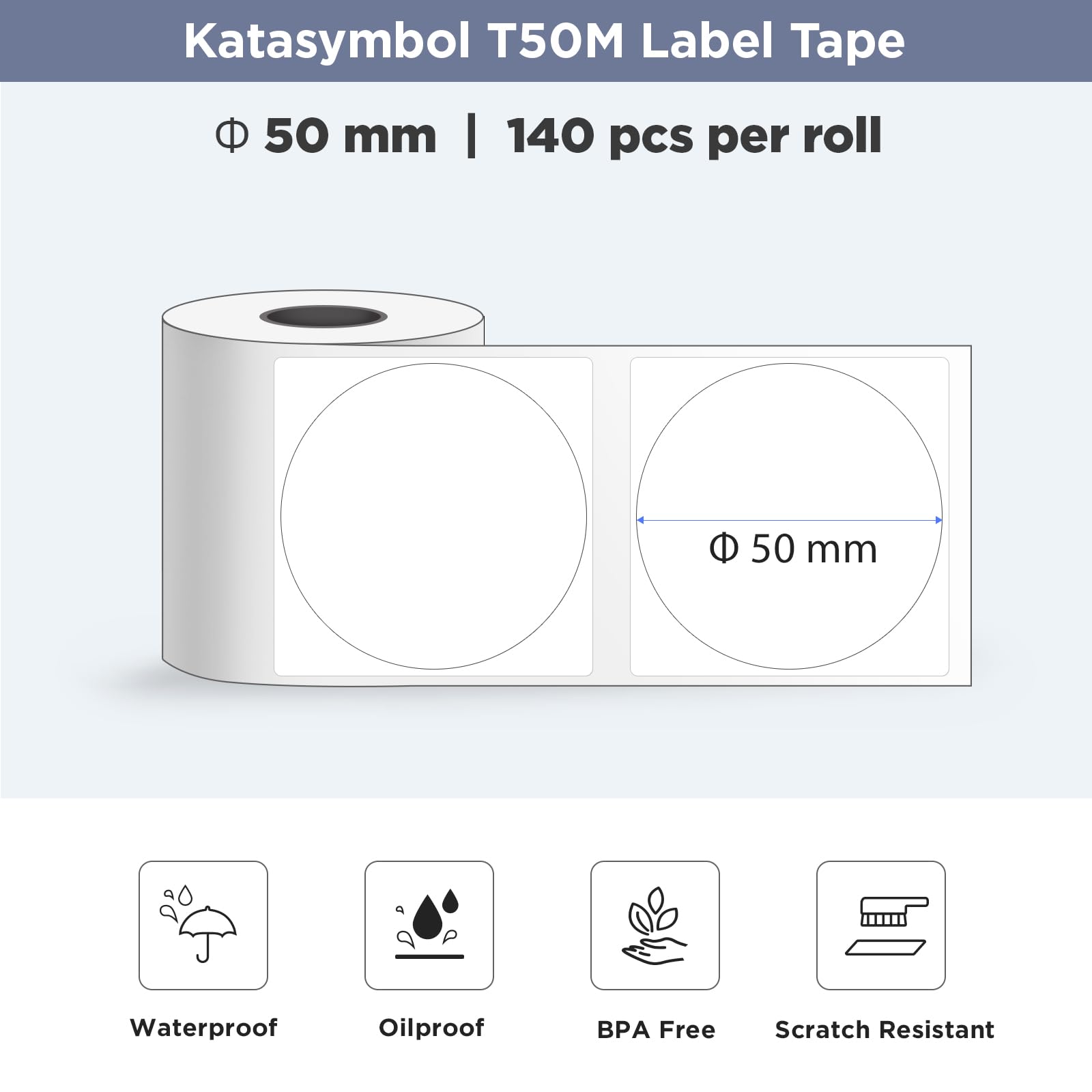 SUPVAN T50M Series Label Maker Tape, 2 Rolls Round Size Φ 50mm 140 Labels/Roll Genuine Laminated Thermal Label Tape Refill, Waterproof Oilproof Highly Adhesive Auto Detect Labels, Black on White