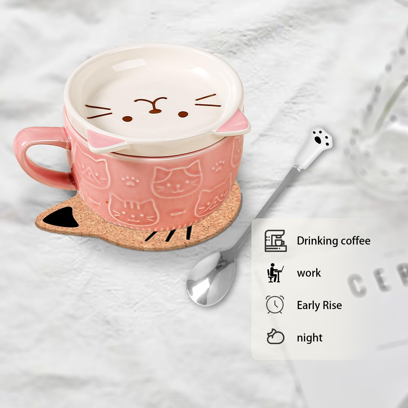 Gifts for Women,Pink Cat Kawaii Coffee Mugs with Lids,Christmas Birthday Gifts for Girls,Friends,Mom,Novelty Animal Ceramic Tea Cup,Dessert Saucer Set