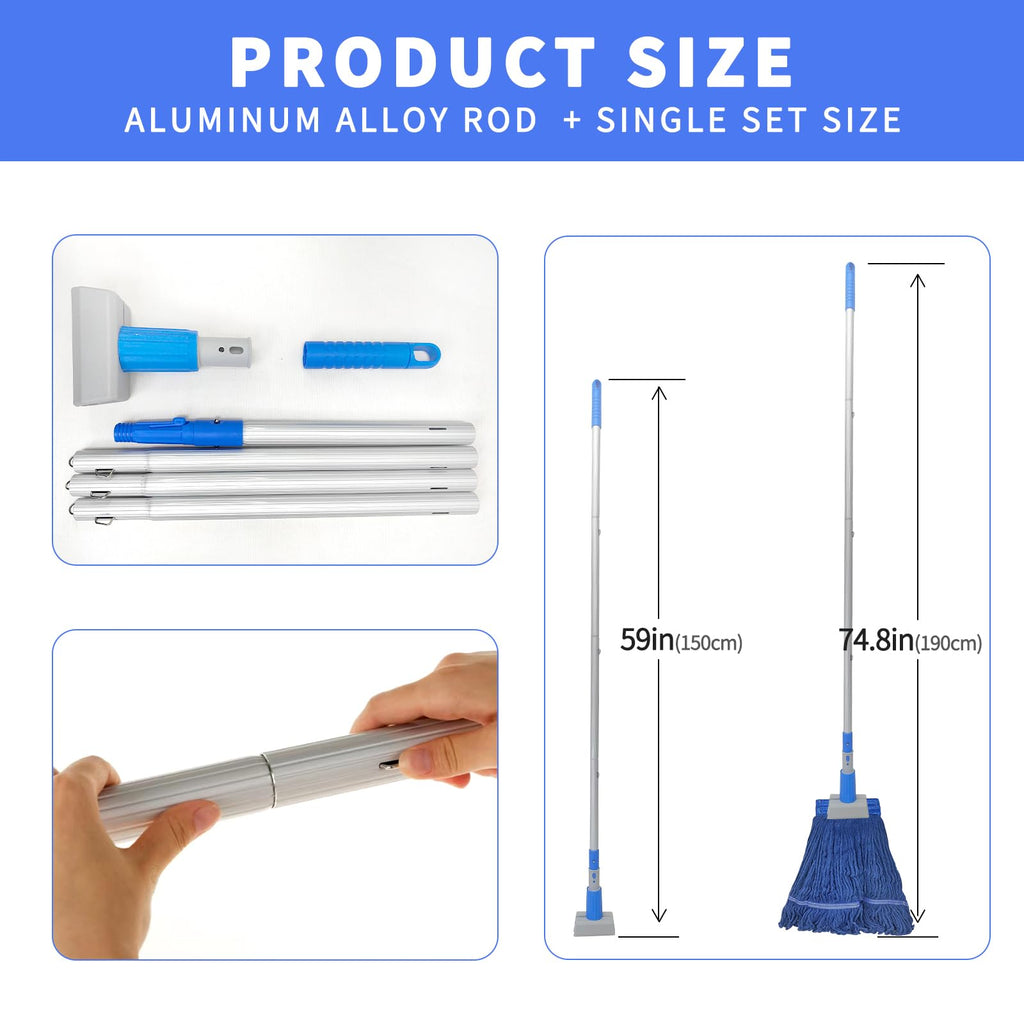 KLHB-YF Blue Heavy-Duty Cotton Mop Set - 59-Inch Durable Handle + 2 Reusable Cotton Mop Heads, Multi-Surface Cleaning for Home, Garage, Office, Workshop & Warehouse Floors