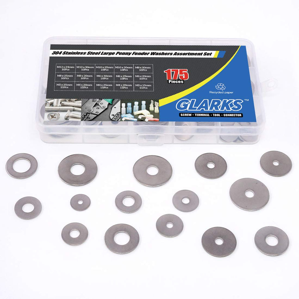 Glarks 175Pcs 304 Stainless Steel Large Penny Fender Washers Assortment Set-M3, M4, M5, M6, M8, M10, M12