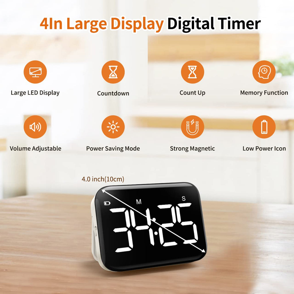 VOCOO Magnetic Kitchen Timer for Cooking with Count Up Countdown, Digital Timer Battery Powered with Large Display, 2 Brightness and Volume Levels for Classroom, Teacher, Kids (White)