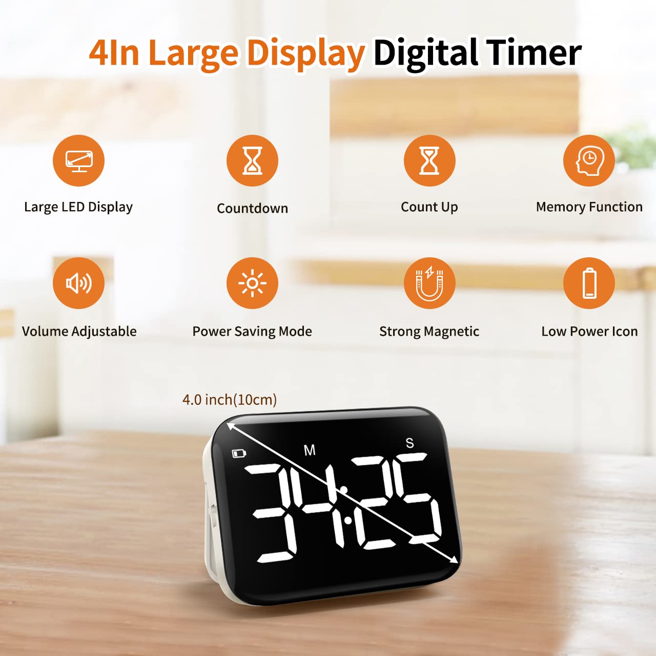 VOCOO Magnetic Kitchen Timer for Cooking with Count Up Countdown, Digital Timer Battery Powered with Large Display, 2 Brightness and Volume Levels for Classroom, Teacher, Kids (White)
