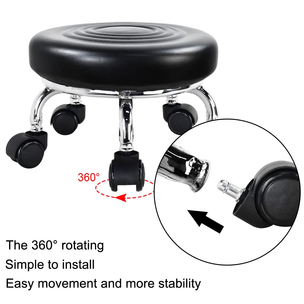 WKWKER Modern Roller Seat PU Leather Low Round Rolling Stool 360° Swivel Small Stool with Universal Caster Wheels Foot Stool for Home Office Garage Shop Fitness Sport H：8.4" （Black）
