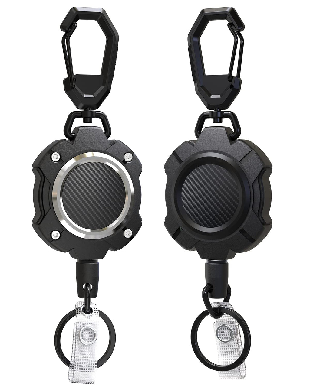 LIUGX 2 Pack Retractable Keychain, Heavy Duty Carabiner Key Chains, 10,000+ Rebound, Impact Resistance ID Badge Reels with 31.5” Wire Rope and Key Ring, Up to 8oz, Aluminum Ring, Carbon Fiber-Texture