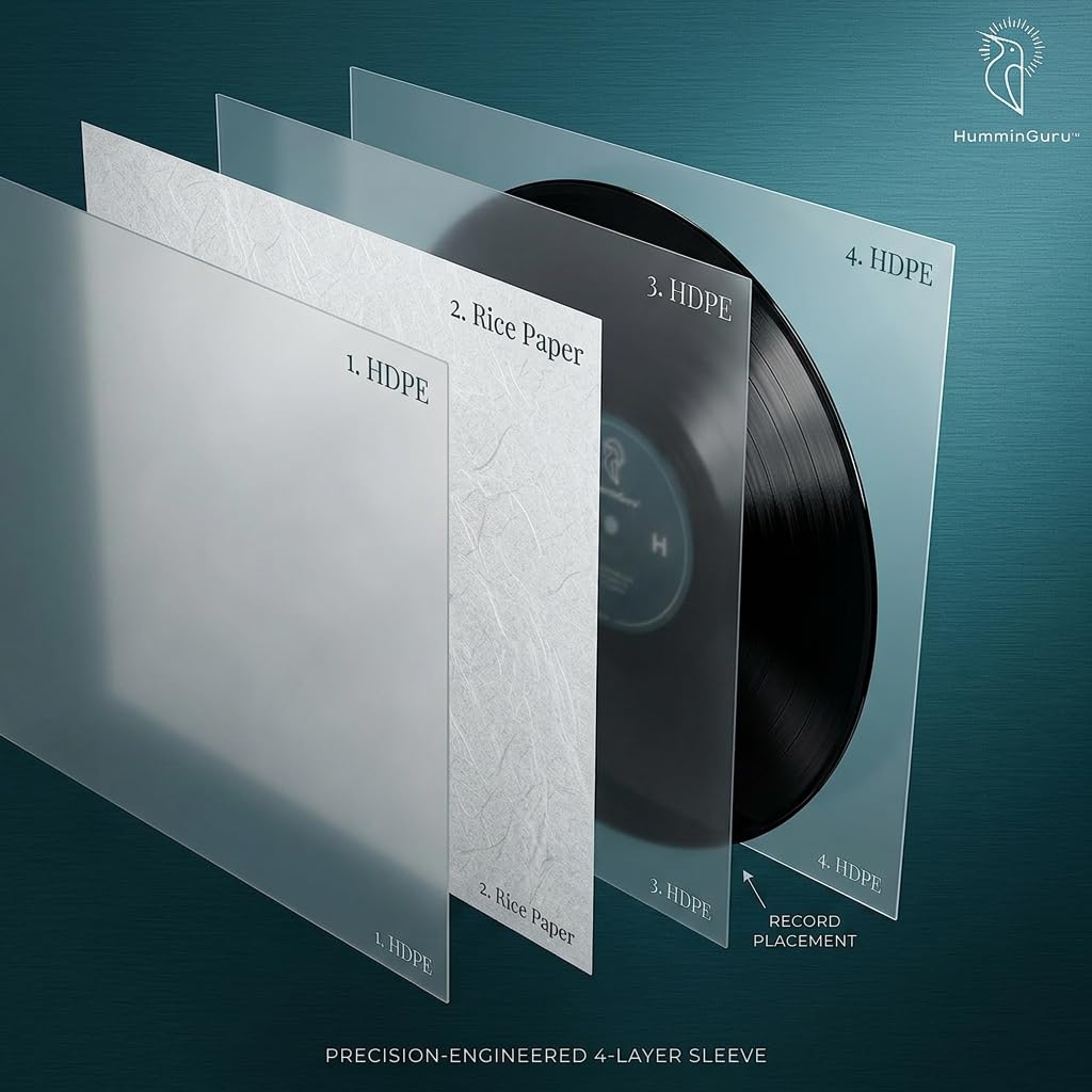 HumminGuru 3-Ply Premium Inner Record Sleeves 12 Inch. Rice Paper Lined Master Sleeve. Anti-Static Vinyl Record Sleeve, Acid-Free Thick HDPE 3+1 Layer in 7 Mil, 50 Pack (12” Premium Inner Sleeves)