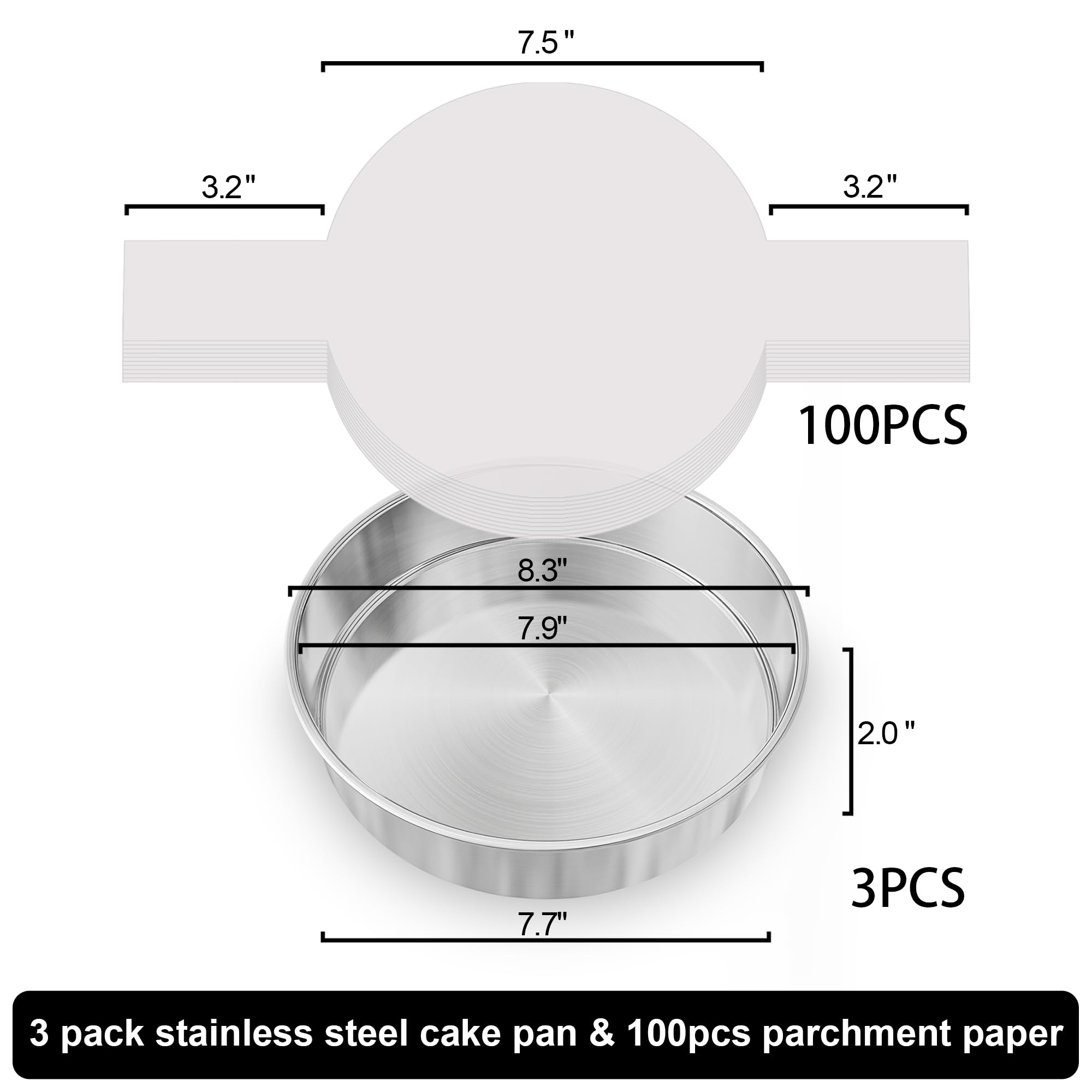 8 Inch Cake Pan Set of 3, Nonstick Circle Round Cake Pans with 100PCS Pre-cut Parchment Papers for Layer Cake, Non-Toxic Stainless Steel Baking Pans Set for Birthday Christmas Wedding, Dishwasher Safe