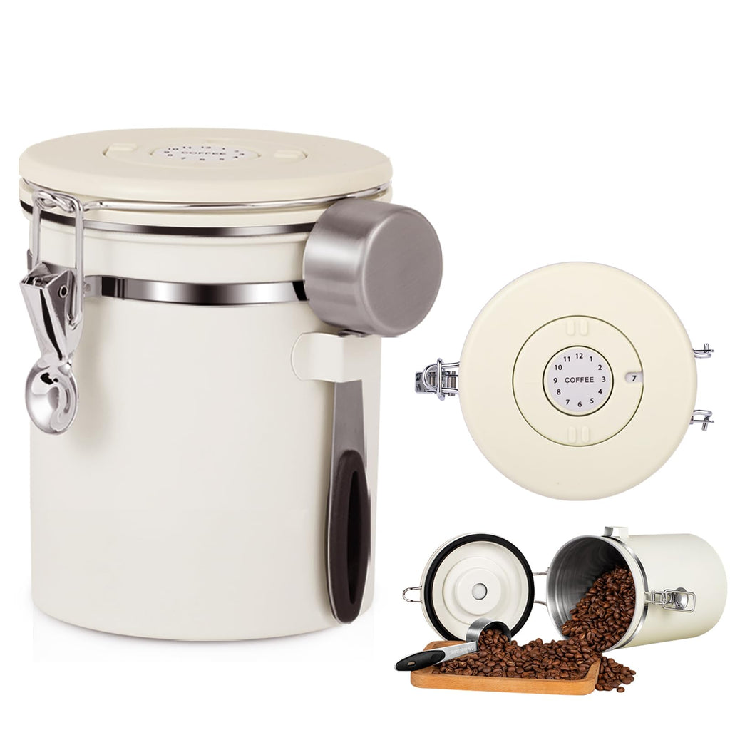 Coffee Container,Airtight Coffee Canister,16 OZ Stainless Steel Kitchen Food Savers for Coffee Beans,Grounds,Tea,Cereal,Sugar,Coffee Jar with Date Tracker and Scoop,Beige.
