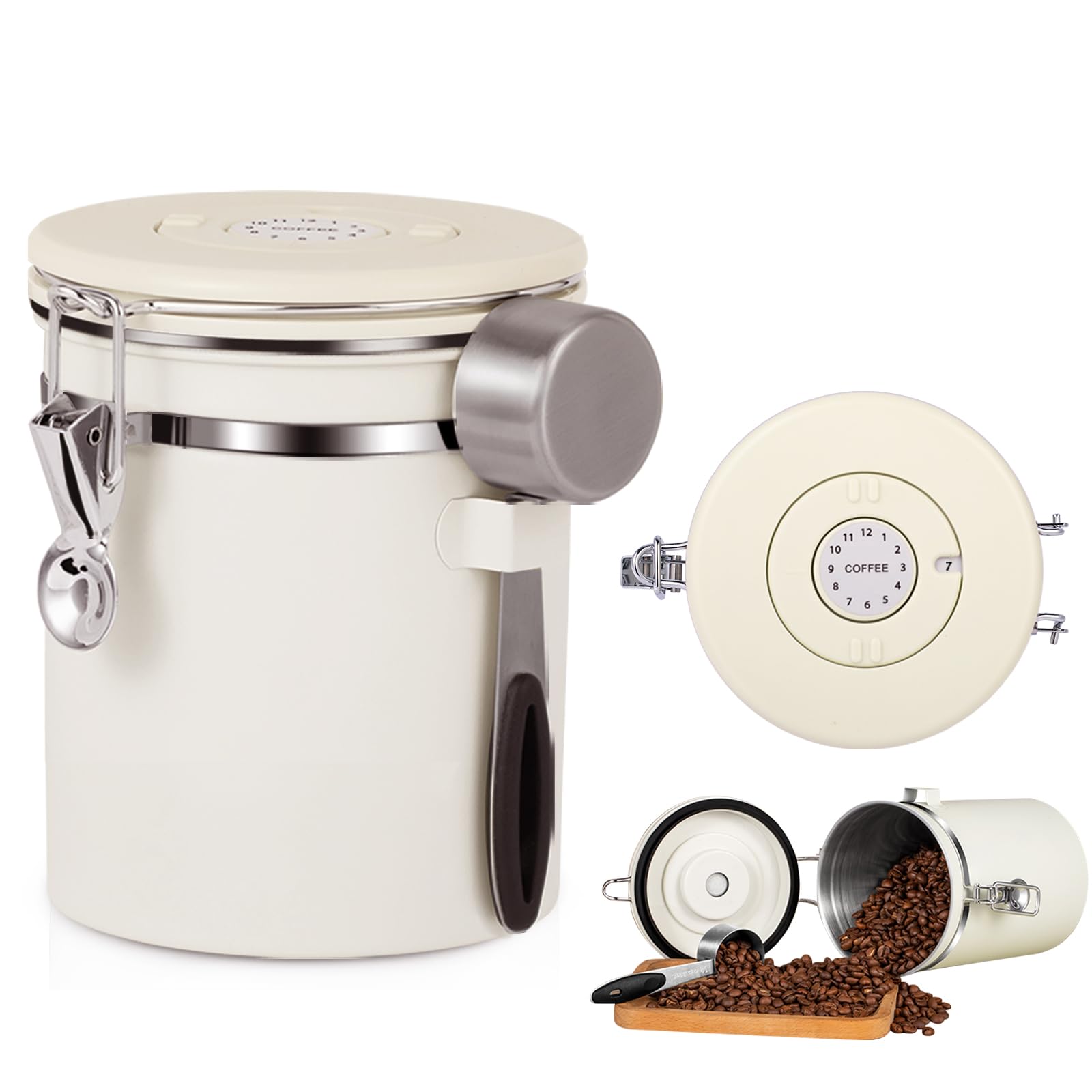 Coffee Container,Airtight Coffee Canister,16 OZ Stainless Steel Kitchen Food Savers for Coffee Beans,Grounds,Tea,Cereal,Sugar,Coffee Jar with Date Tracker and Scoop,Beige.
