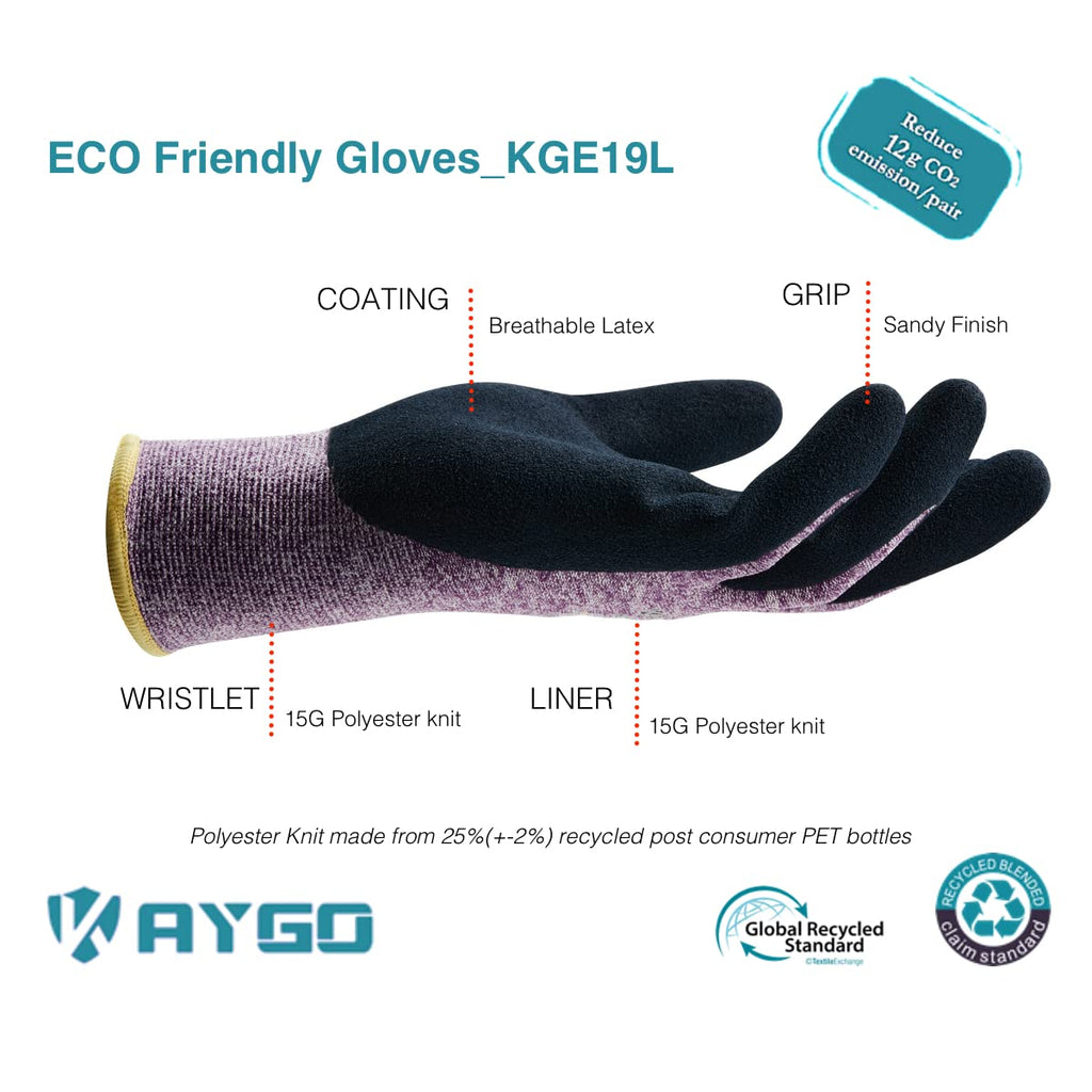 KAYGO Work Gloves for Women, KGE19L Eco Friendly Gloves with Breathable Rubber Coated, 3 Pairs, S, Purple